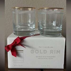 Brand New Pottery Barn Clear Double Old Fashioned Glasses with Gold Rim